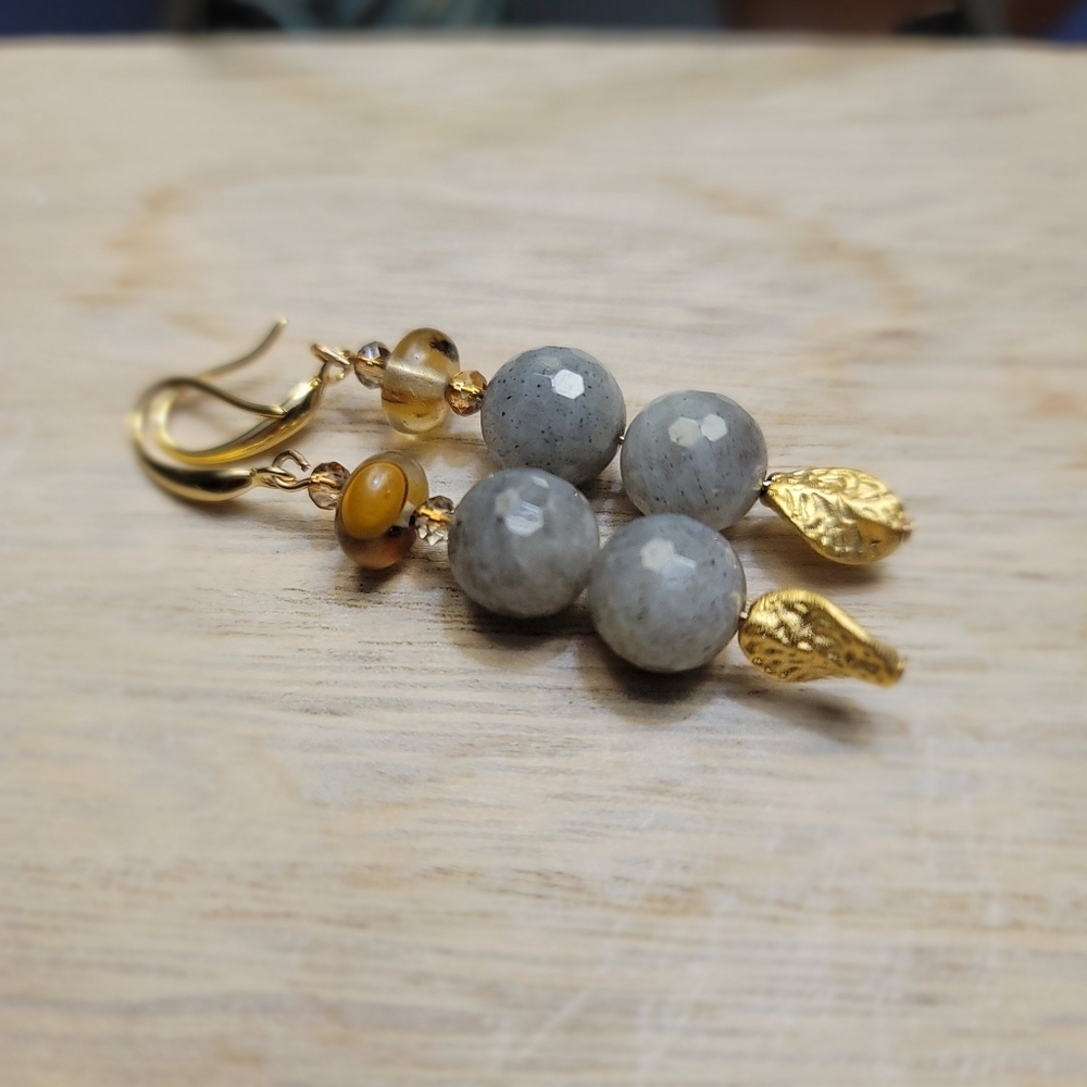 Handmade Labradorite & Volcano Cherry Quartz Dangle Earrings Gold Leaf Charm - Picture 5 of 7